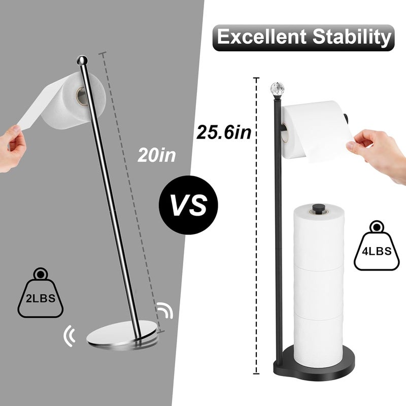 Kasunto Toilet Paper Holder for Bathroom, Heavy Weighted Metal Free Standing Toilet Paper Storage with Crystal Ball, Toilet Paper Stand for Bathroom Accessories, Matte Black [Holds MEGA Rolls] - Image 2